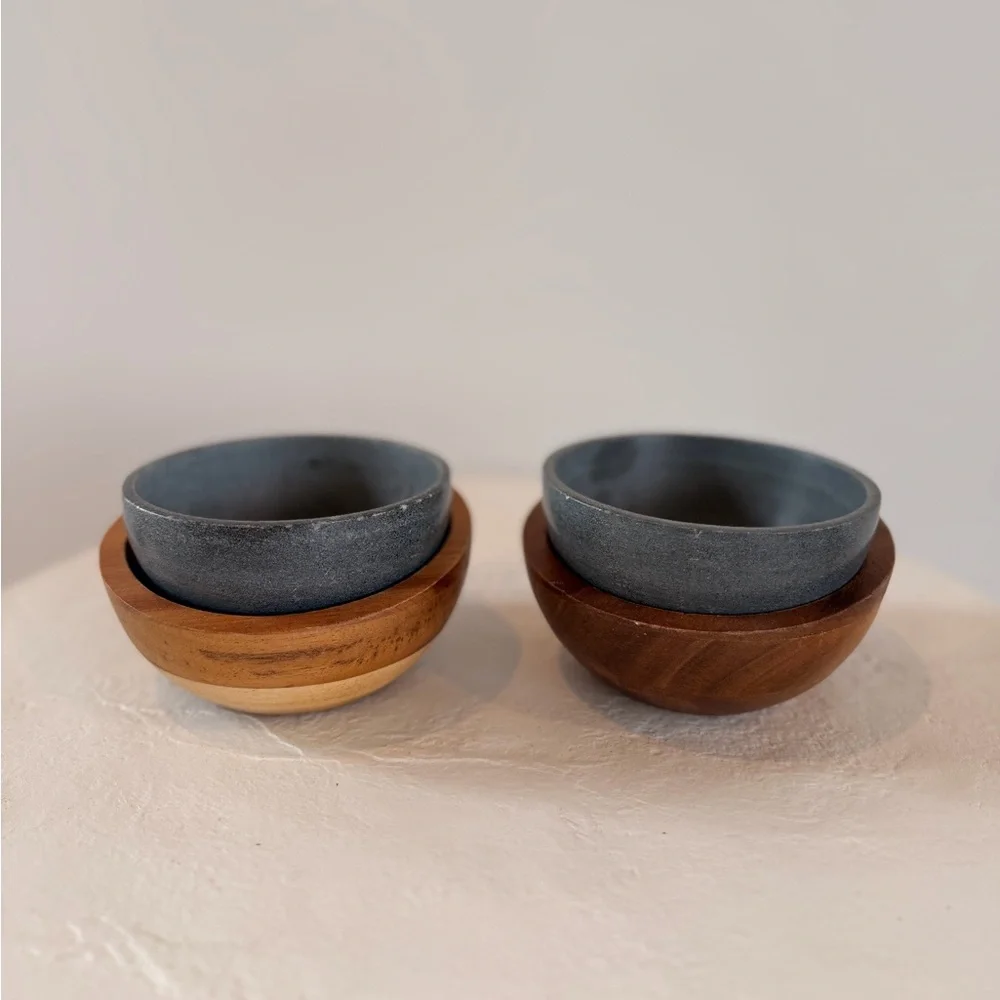SOAPSTONE & WOOD ICE CREAM BOWL SET FREEZABLE BOWL INSULATING WOOD BOWL MODERN - Picture 2 of 9